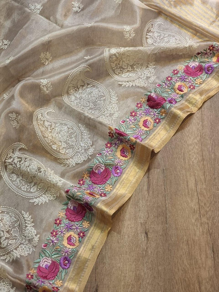 GULBAHAR-GOLD pure tissue silk chikankari saree