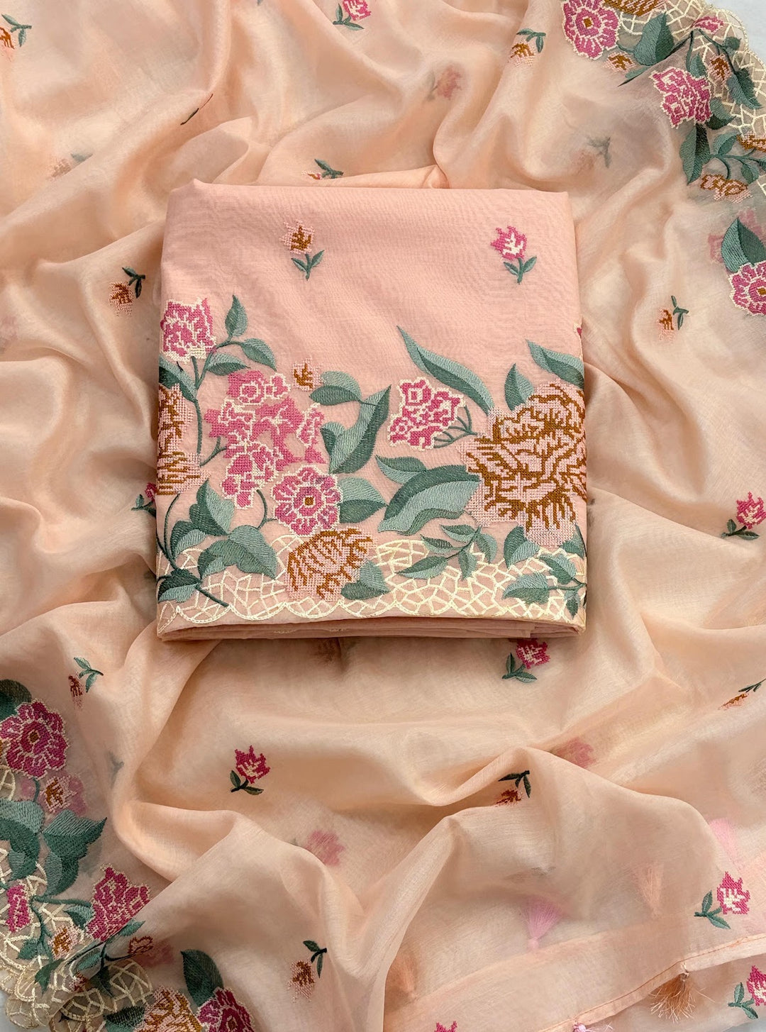 Apricot Rose Suit mul chanderi embroidered suit set