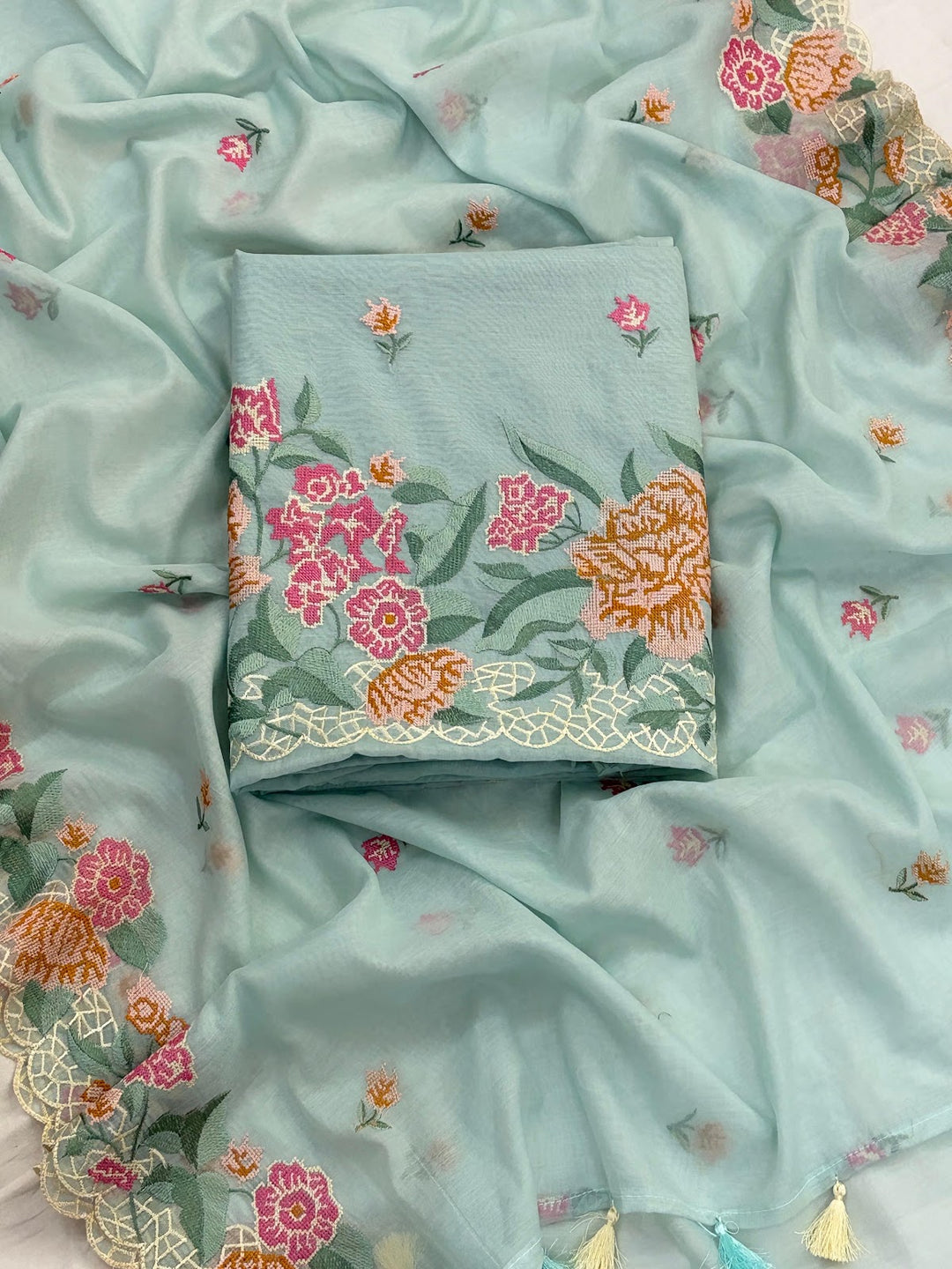 Aqua Rosette Suit mul chanderi embroidered suit set