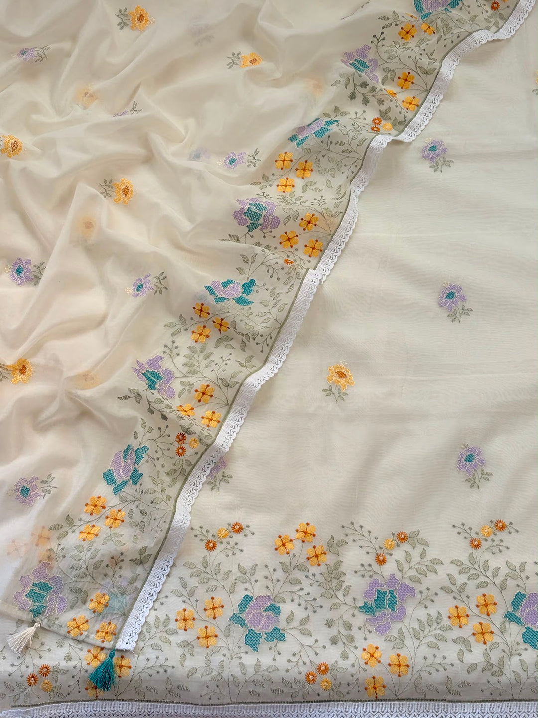 Lilac Marigold ivory mul chanderi embroidered suit set