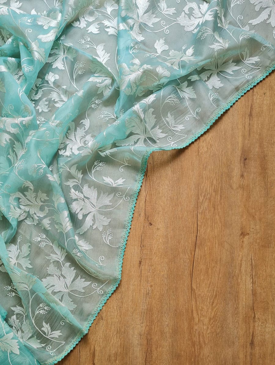 BENAZIR-SEA GREEN organza leaf jaal saree