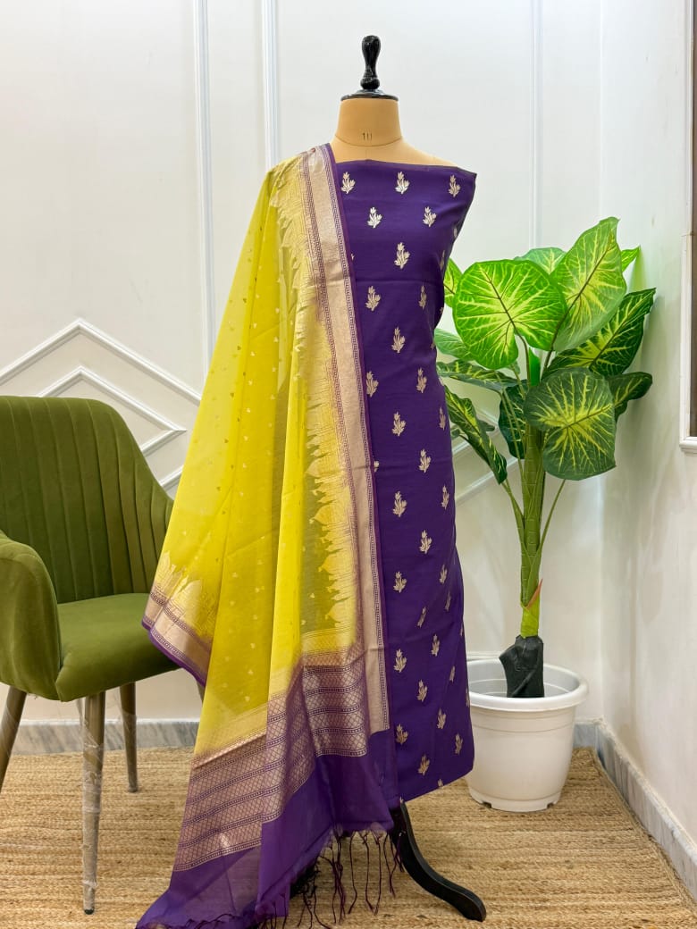AFREEN-PURPLE YELLOW Banarasi chanderi lorex suit