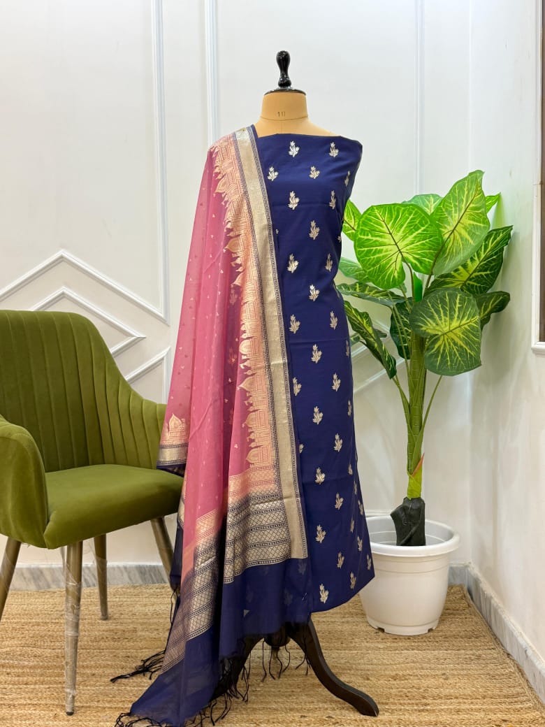 AFREEN-NAVY PINK Banarasi chanderi lorex suit