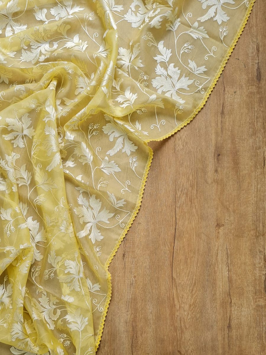 BENAZIR-LEMON YELLOW organza leaf jaal saree