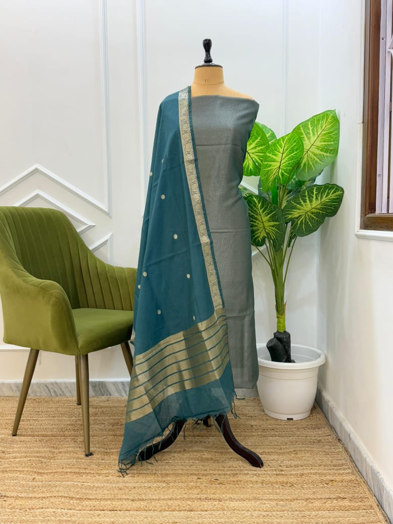 ROSHNI-GREY TEAL Banarasi tissue suit