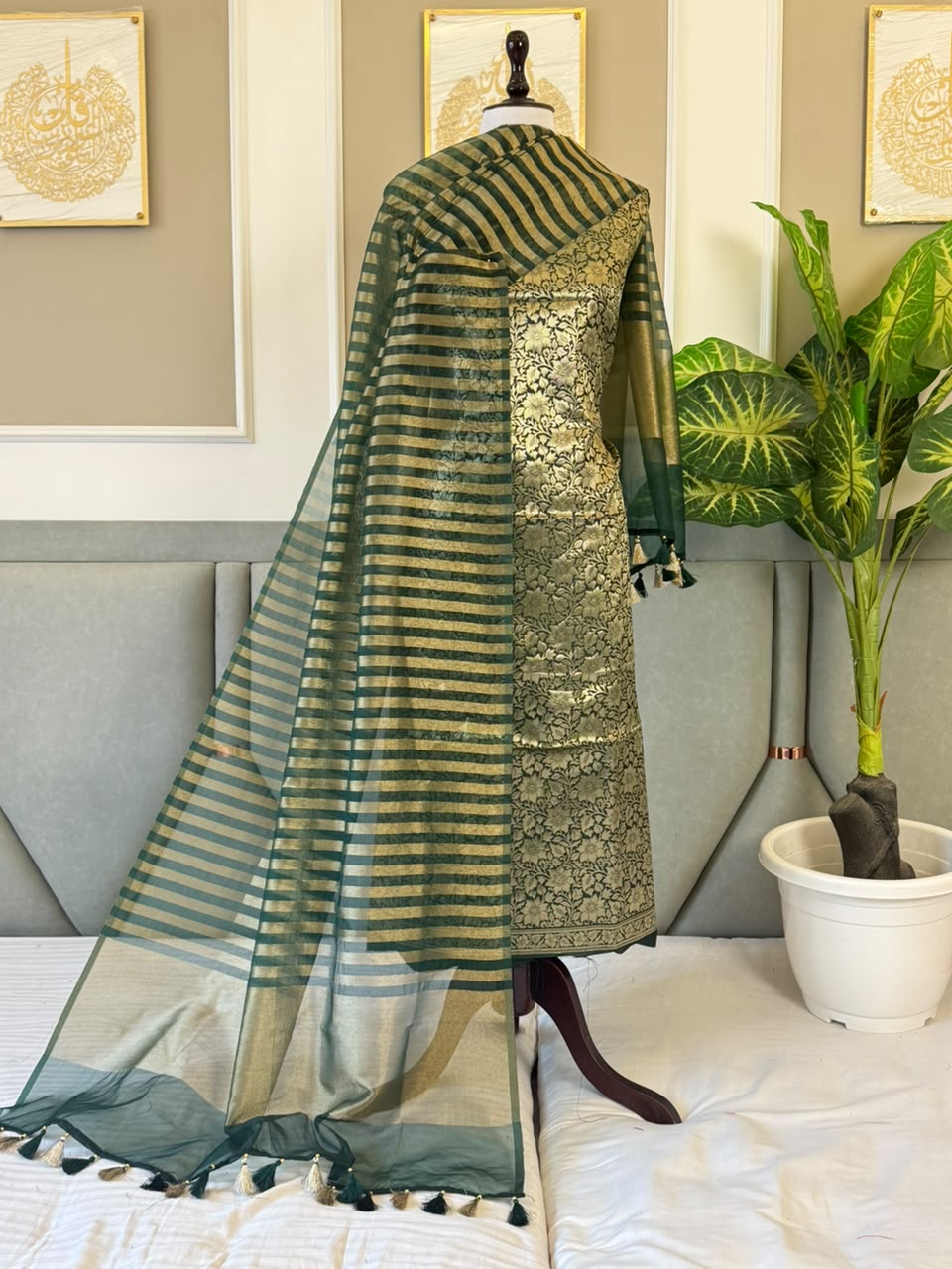 GULNAAZ-BOTTLE GREEN Banarasi zari silk brocade suit