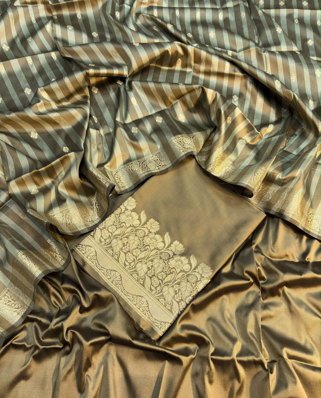 MEHRUNISSA-OLIVE GOLD Banarasi silk suit