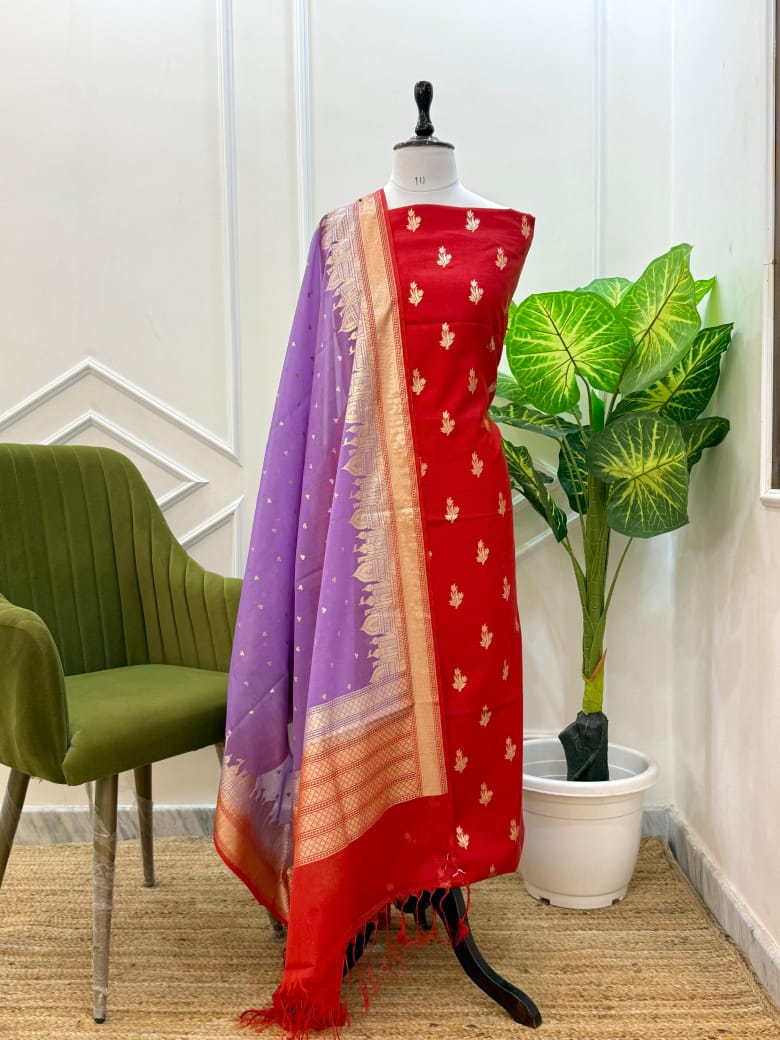 AFREEN-RED LAVENDER Banarasi chanderi lorex suit
