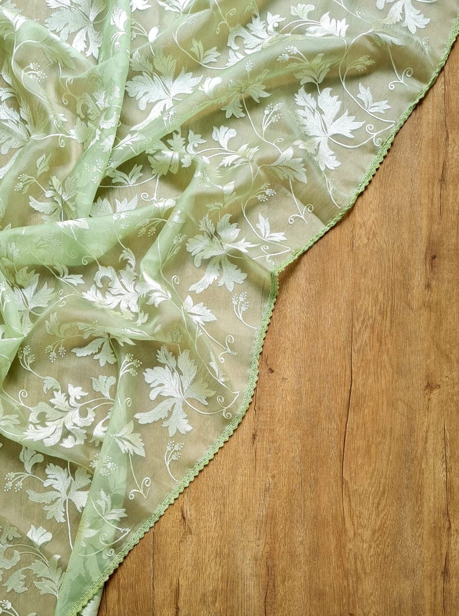 BENAZIR-PISTA GREEN organza leaf jaal saree