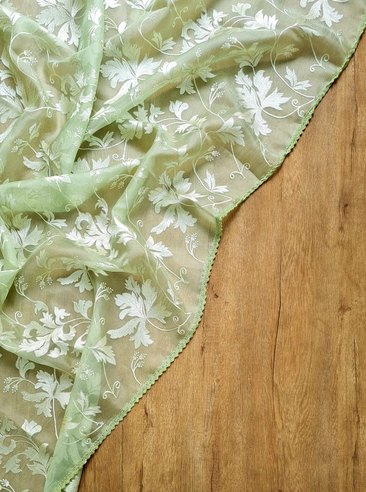 BENAZIR-PISTA GREEN organza leaf jaal saree