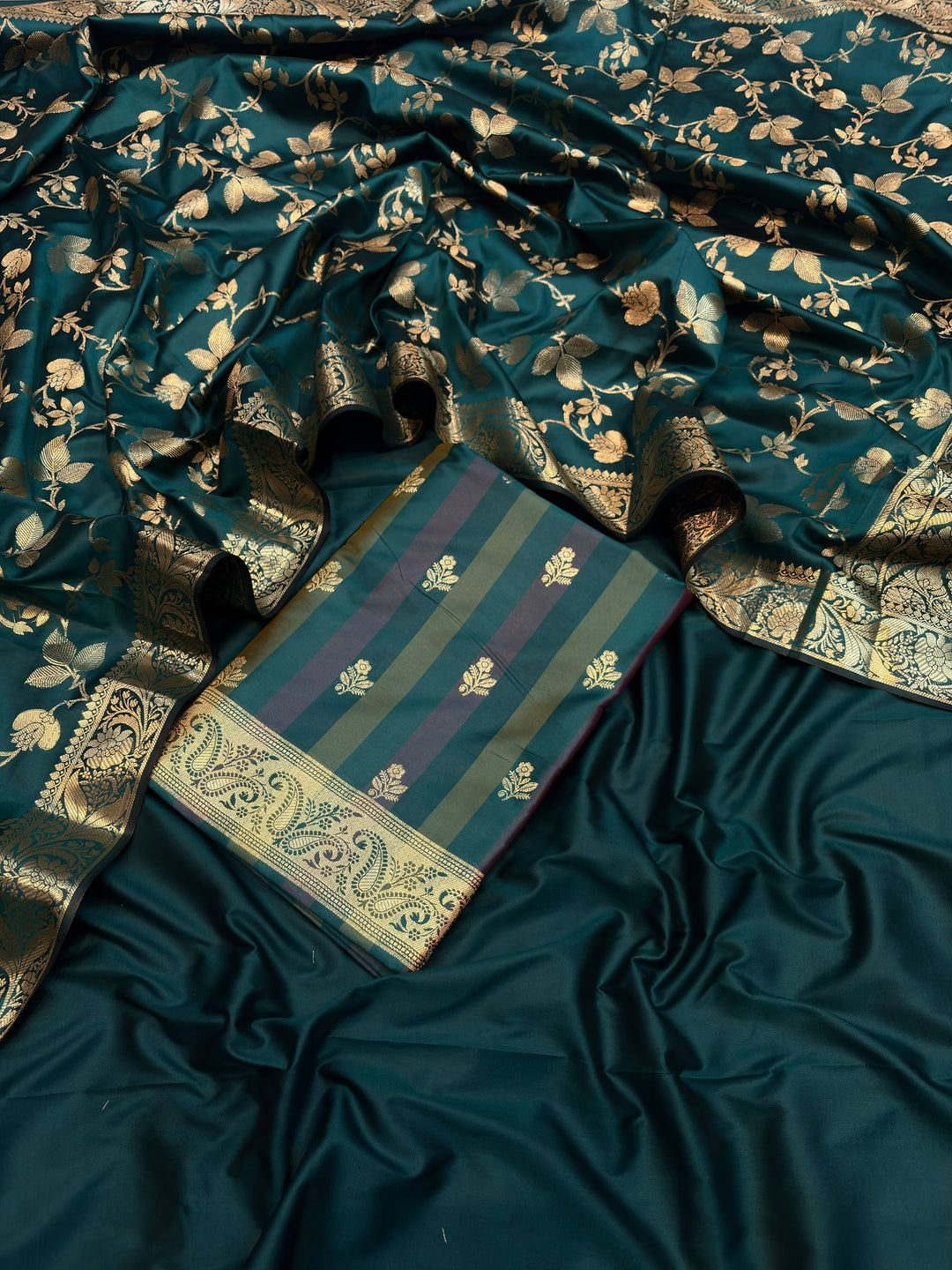 SHEHNAAZ-BOTTLE GREEN Banarasi silk suit