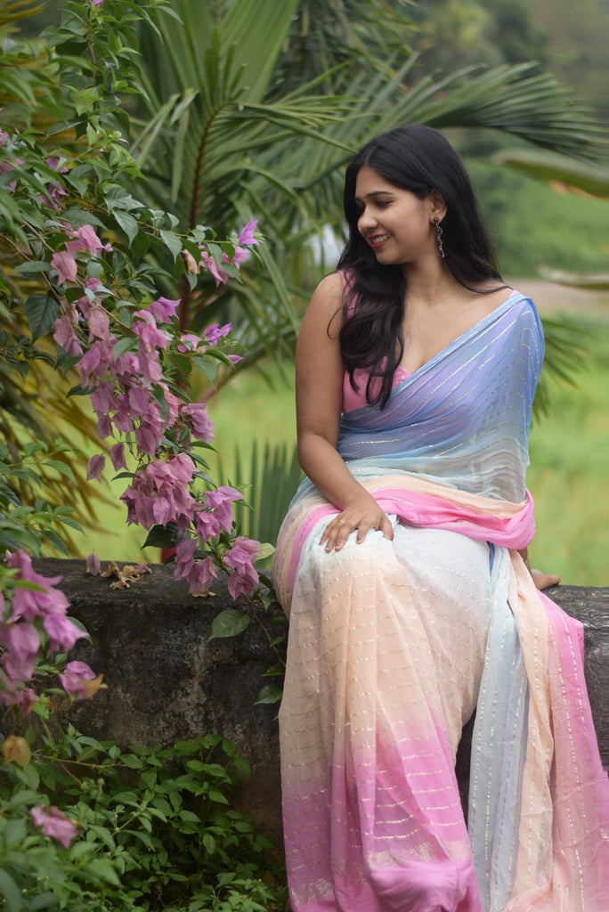 emm the shop エム candy blouse Odette Light Pink Mirror Work Embroidered Saree with