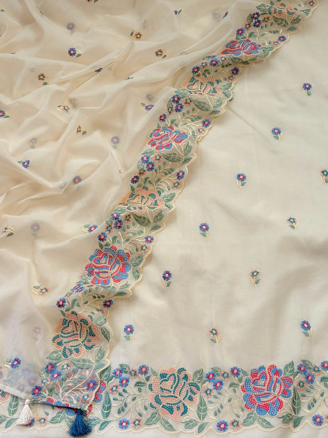 Rose Reverie ivory mul chanderi embroidered suit set